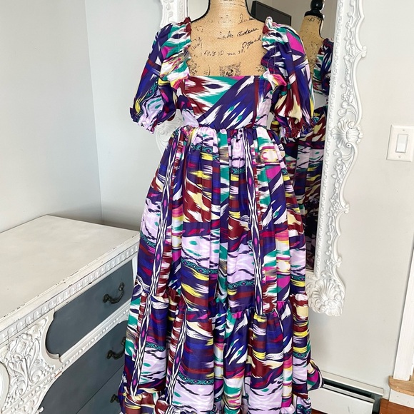 New York Couture *One of a Kind* Purple Print Puff Sleeve Maxi Dress - Picture 6 of 7